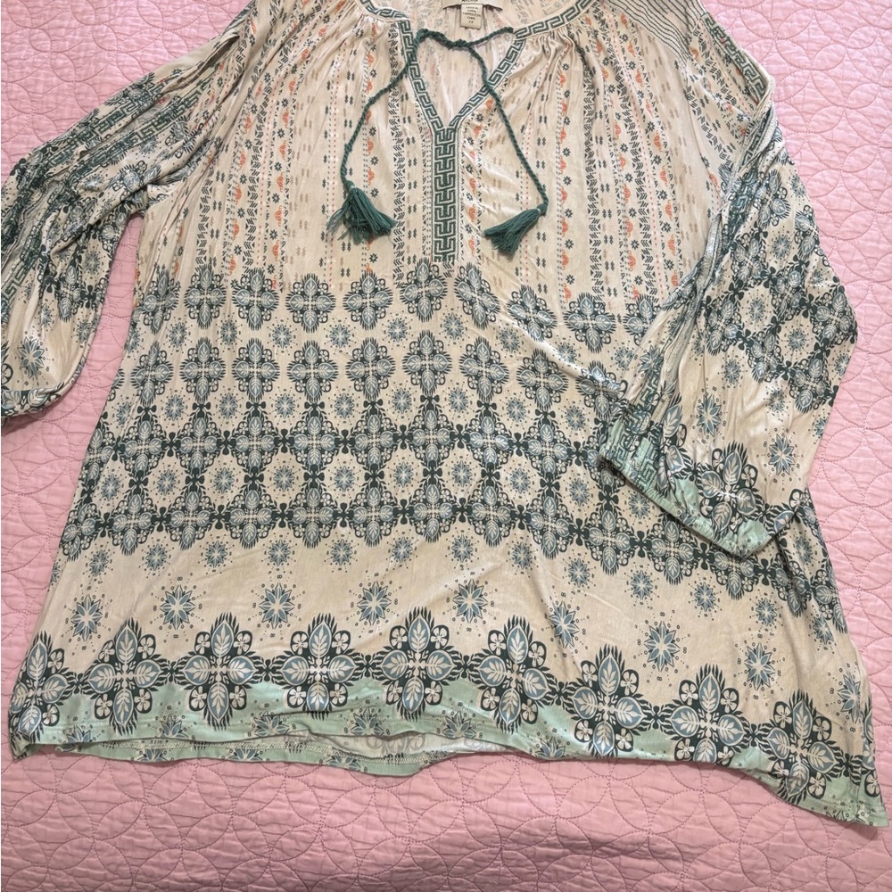 Vintage America Cream and Green Patterned Blouse